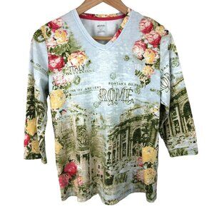 Alia Petite Womens Size PS Colorful Floral Rome Themed 3/4 Sleeve Shirt V Neck